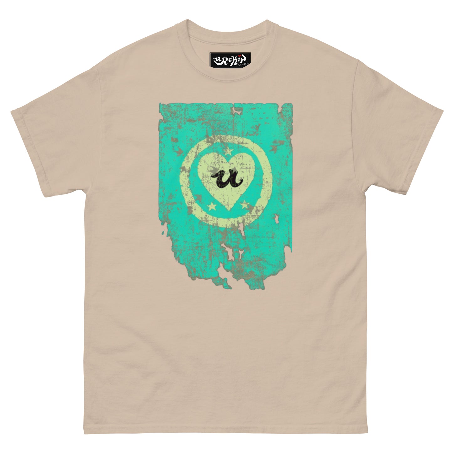 URCHIN Clothes -'LOVE U' Cream on Blue- Old Poster. Cotton T Shirt. Choice of Colours. Unisex.