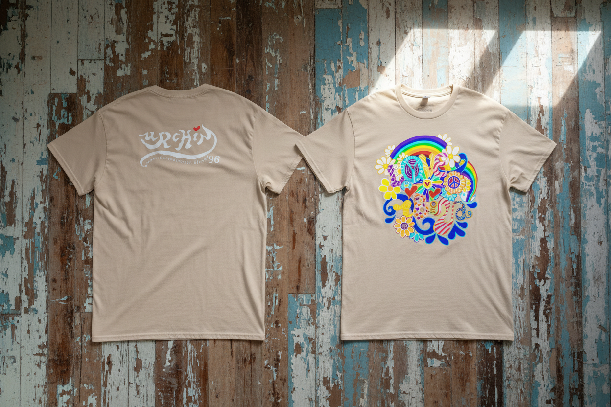 URCHIN 'LOVE IBIZA' Retro Hippy Graphic T-Shirt - Unisex '70s Summer Vibe Streetwear. Light Colours