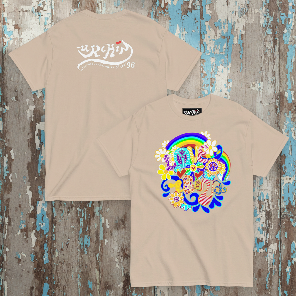 URCHIN 'LOVE IBIZA' Retro Hippy Graphic T-Shirt - Unisex '70s Summer Vibe Streetwear. Light Colours