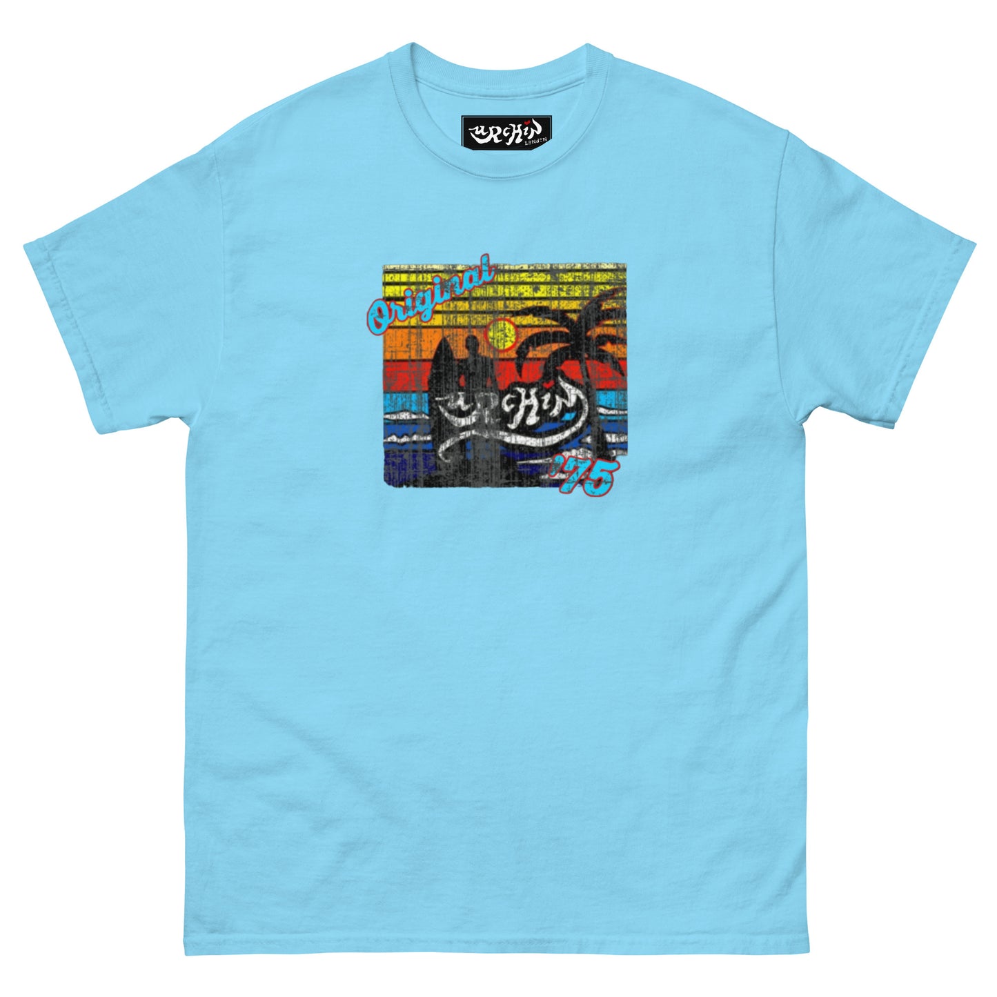 URCHIN-'SURFER SUNRISE-Original '75' Square Logo. Cotton T Shirt. Choice of Colours. Unisex.