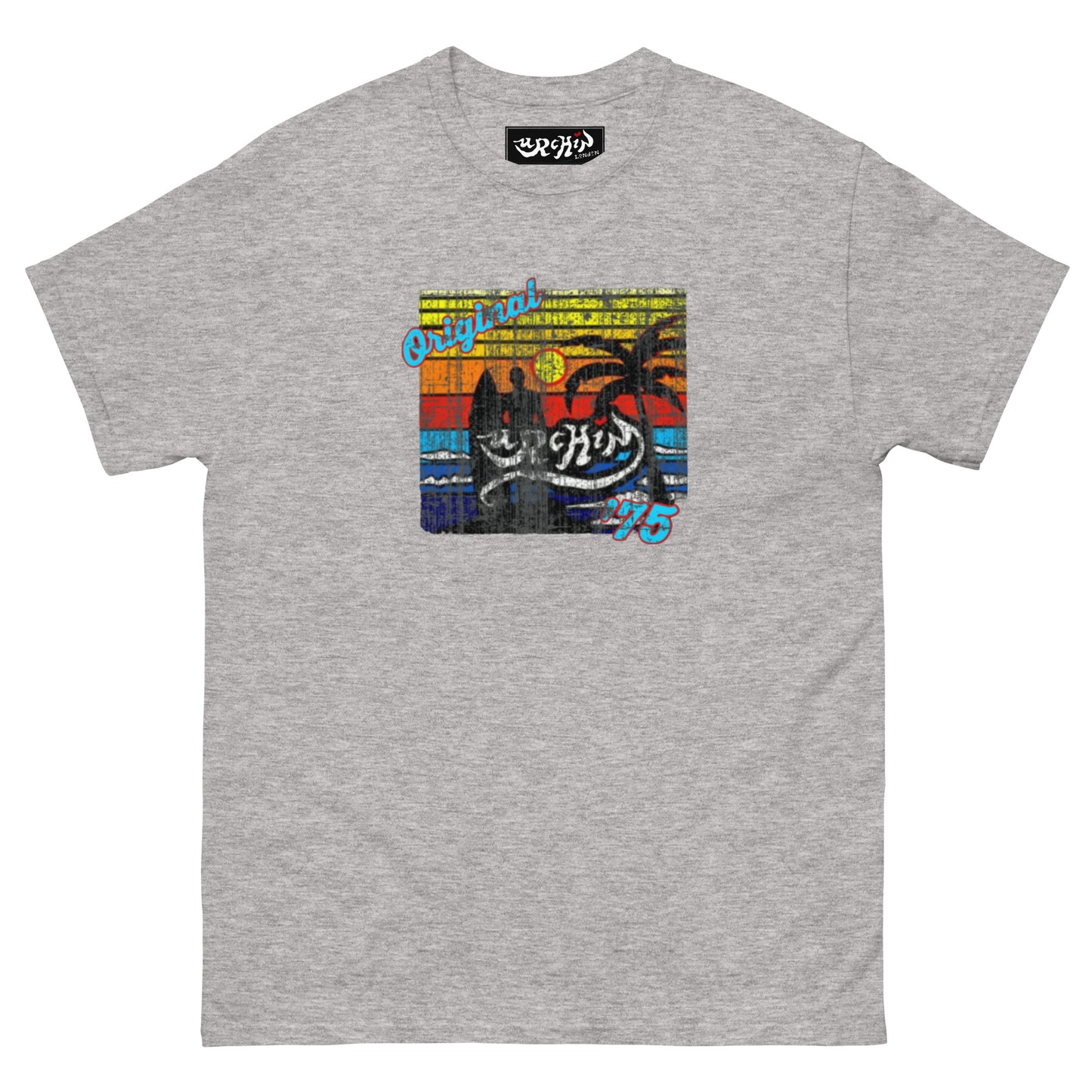 URCHIN-'SURFER SUNRISE-Original '75' Square Logo. Cotton T Shirt. Choice of Colours. Unisex.