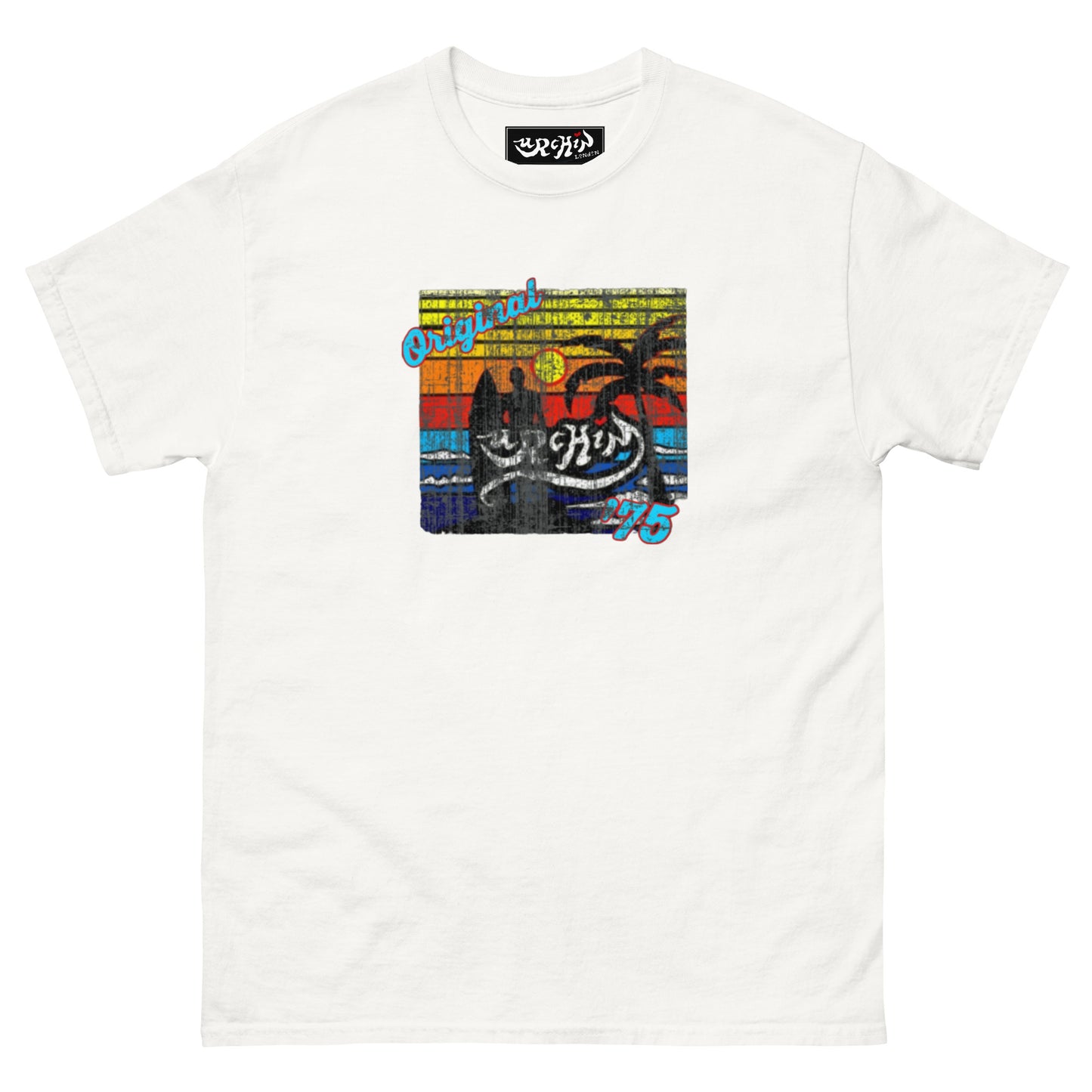 URCHIN-'SURFER SUNRISE-Original '75' Square Logo. Cotton T Shirt. Choice of Colours. Unisex.