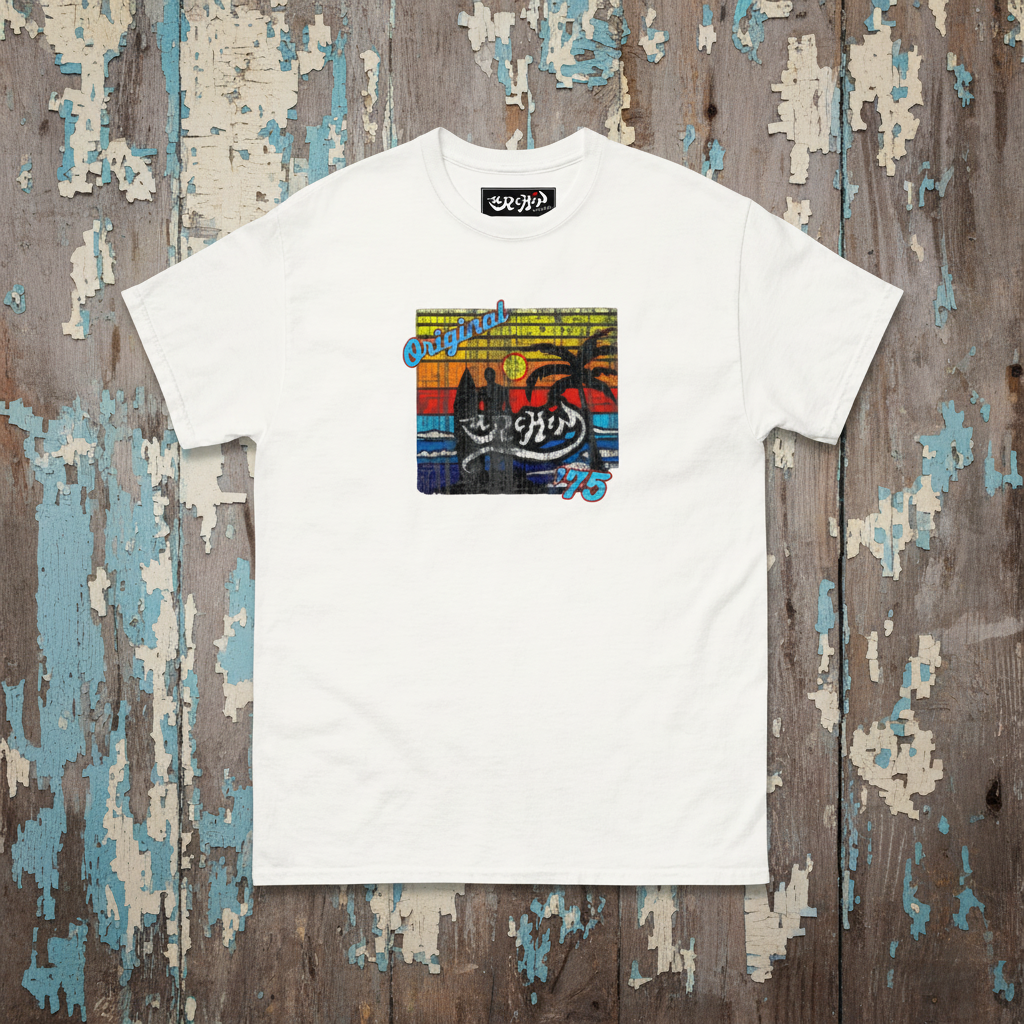 URCHIN-'SURFER SUNRISE-Original '75' Square Logo. Cotton T Shirt. Choice of Colours. Unisex.