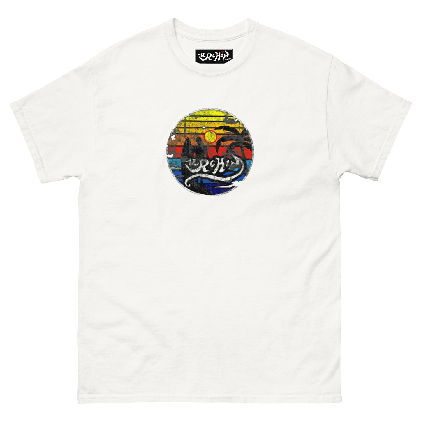 URCHIN -'SURFER SUNRISE'. Round. Cotton T Shirt. Choice of Colours. Unisex.