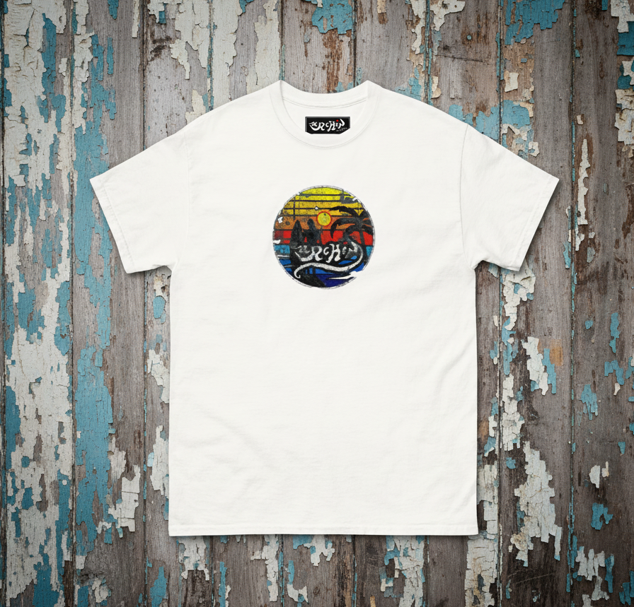 URCHIN -'SURFER SUNRISE'. Round. Cotton T Shirt. Choice of Colours. Unisex.