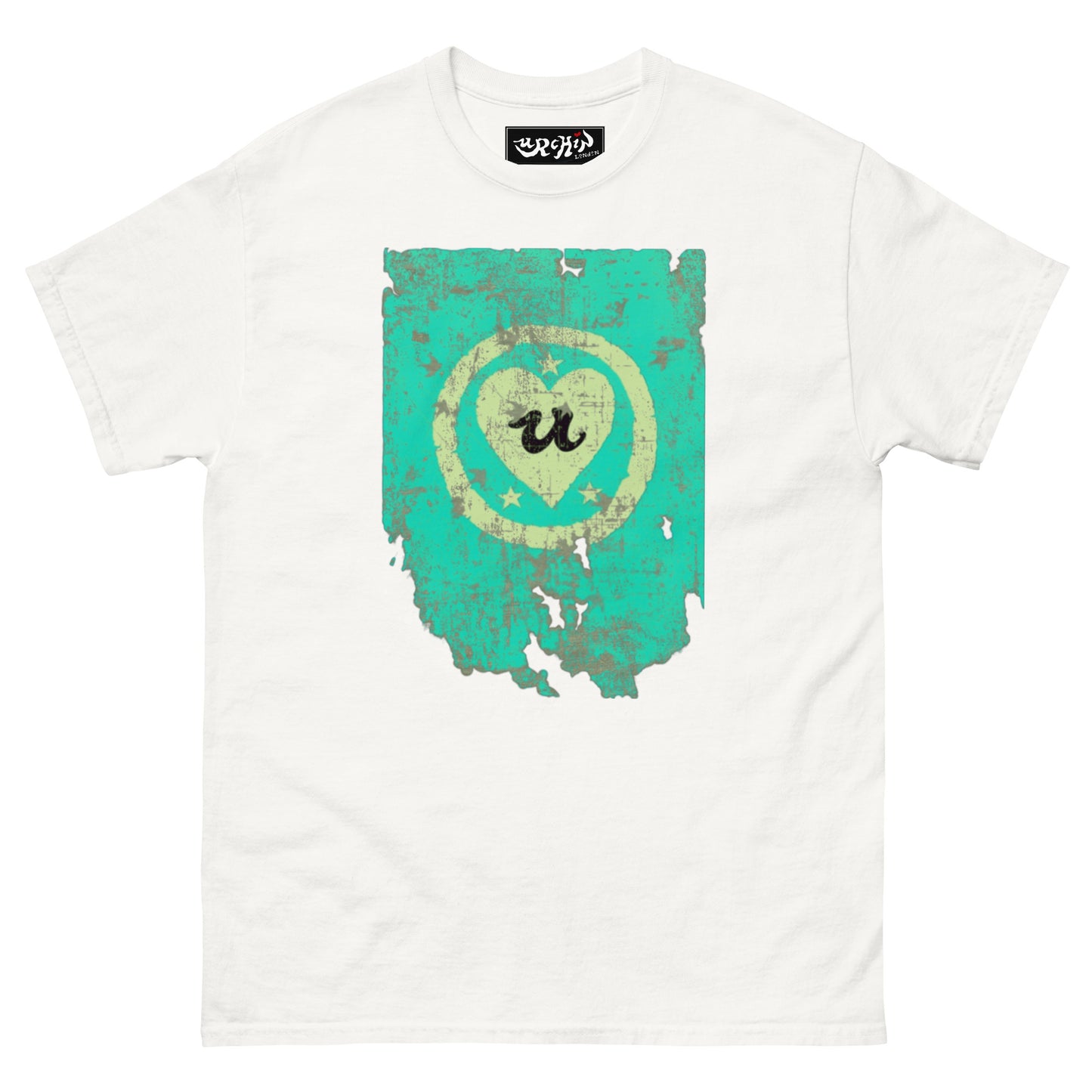 URCHIN Clothes -'LOVE U' Cream on Blue- Old Poster. Cotton T Shirt. Choice of Colours. Unisex.