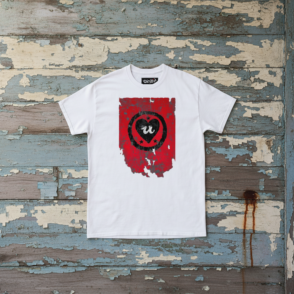 URCHIN-'LOVE U' Black on Red-Old Poster. Cotton T Shirt. Choice of Colours. Unisex.