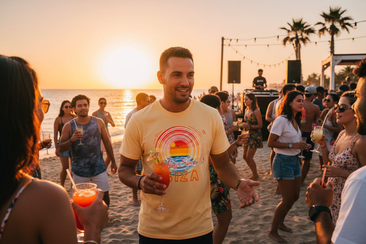 URCHIN 'Ibiza Sunset Spin' Unisex T Shirt. Light Colours.