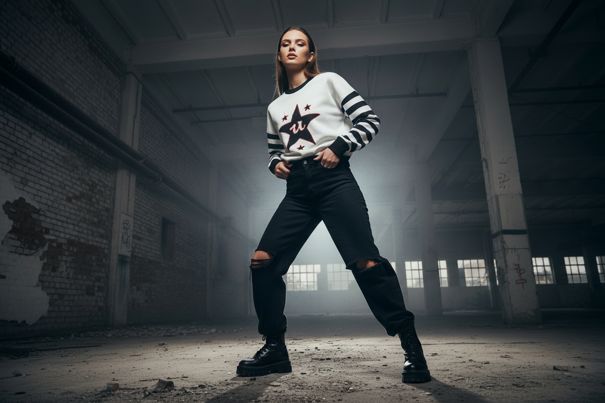 DARK URCHIN 'U STAR' MENACE Unisex Relaxed fit knitted crew neck sweater. Black Star.