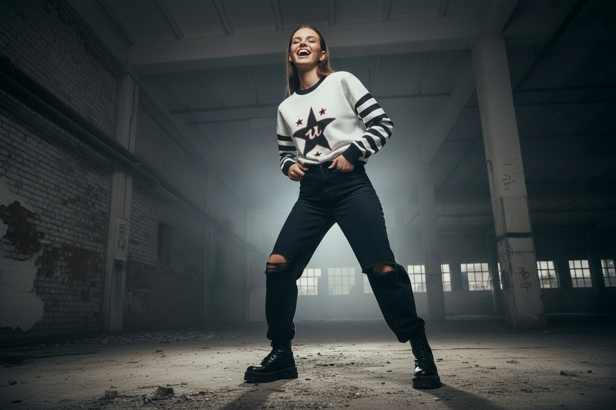 DARK URCHIN 'U STAR' MENACE Unisex Relaxed fit knitted crew neck sweater. Black Star.