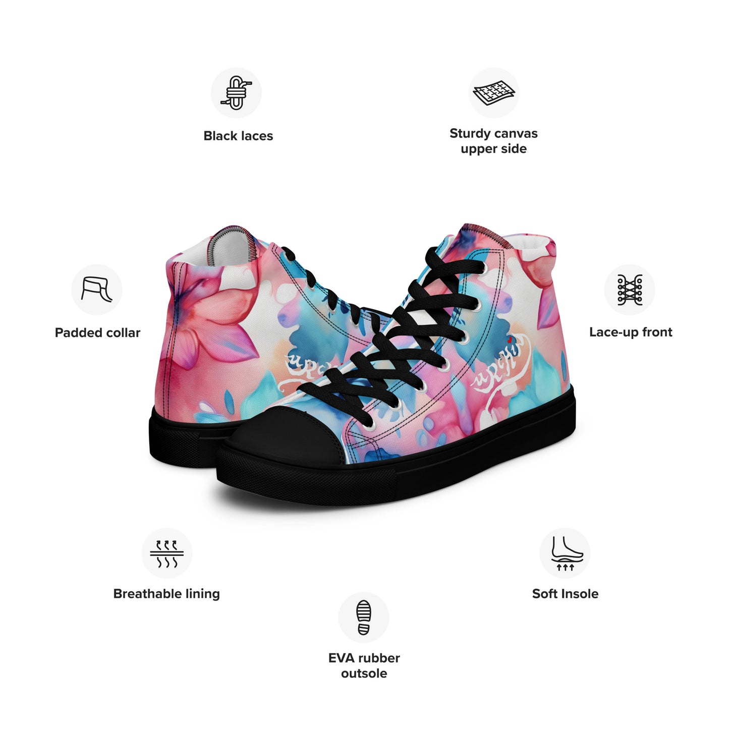 URCHIN Footwear 'U FLOWER'. Womens high tops. Black or White Detailing Option. Choice of Sizes.