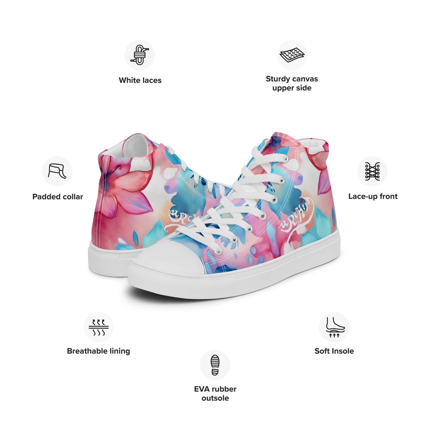 URCHIN Footwear 'U FLOWER'. Womens high tops. Black or White Detailing Option. Choice of Sizes.