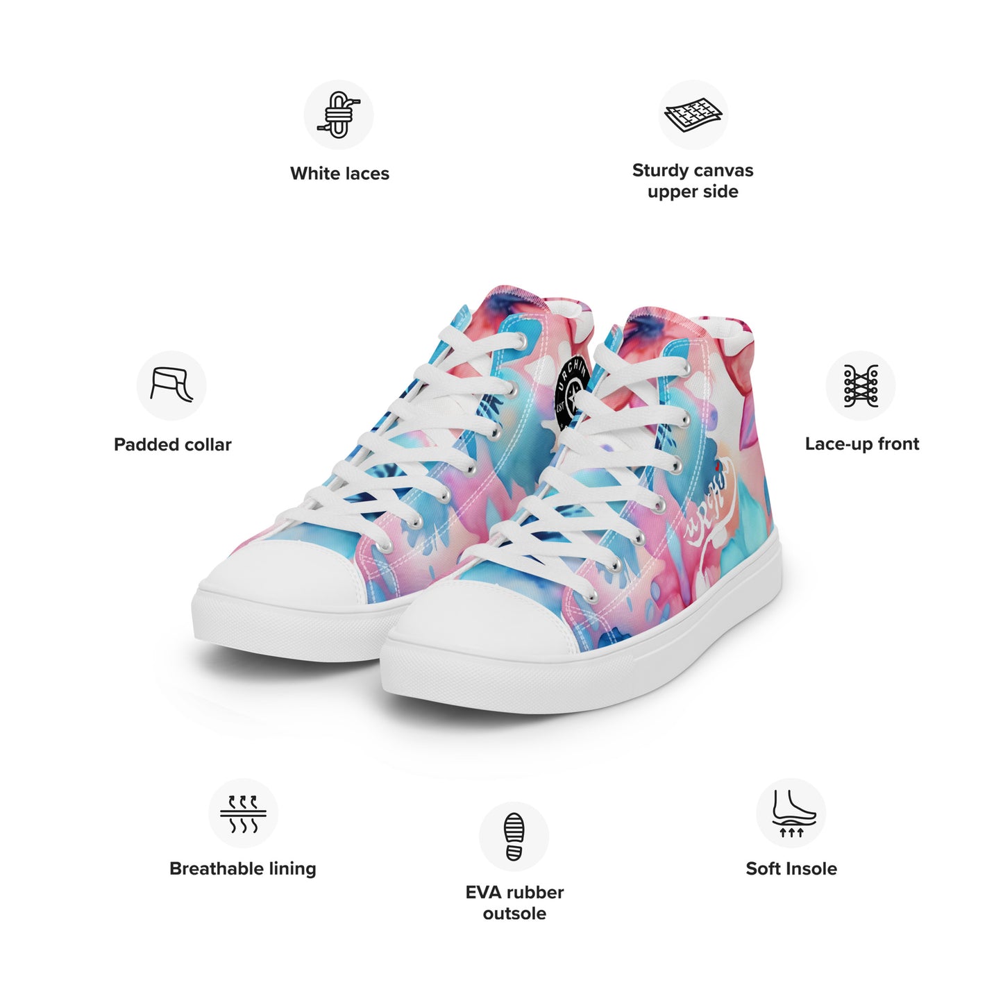 URCHIN Footwear 'U FLOWER'. Womens high tops. Black or White Detailing Option. Choice of Sizes.