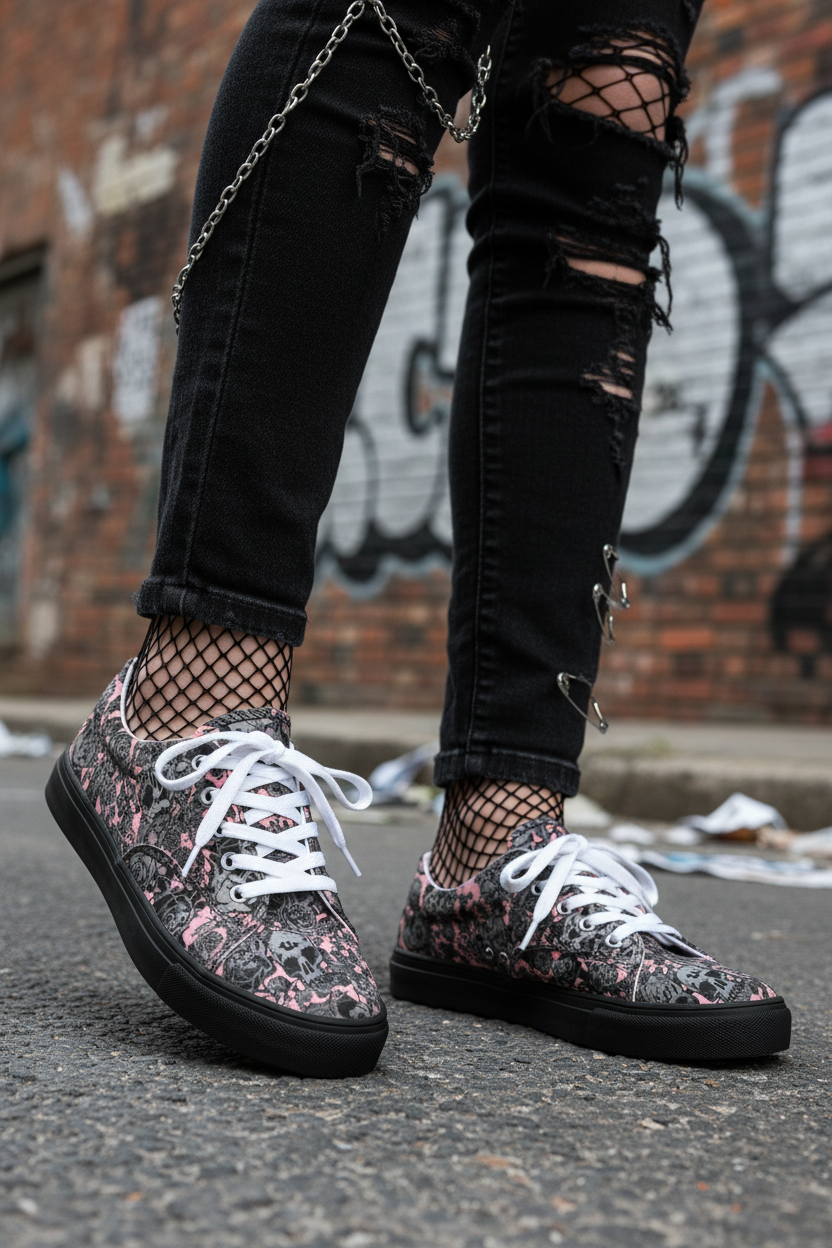 DARK URCHIN 'Skull Storm'. Pink. Women’s lace-up Canvas Sneakers. Black or White Detailing.