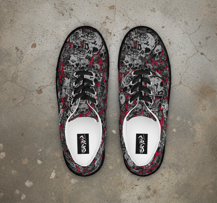 DARK URCHIN 'Skull Storm'. Deep Red. Women’s lace-up Canvas Sneakers. Black or White Detailing.