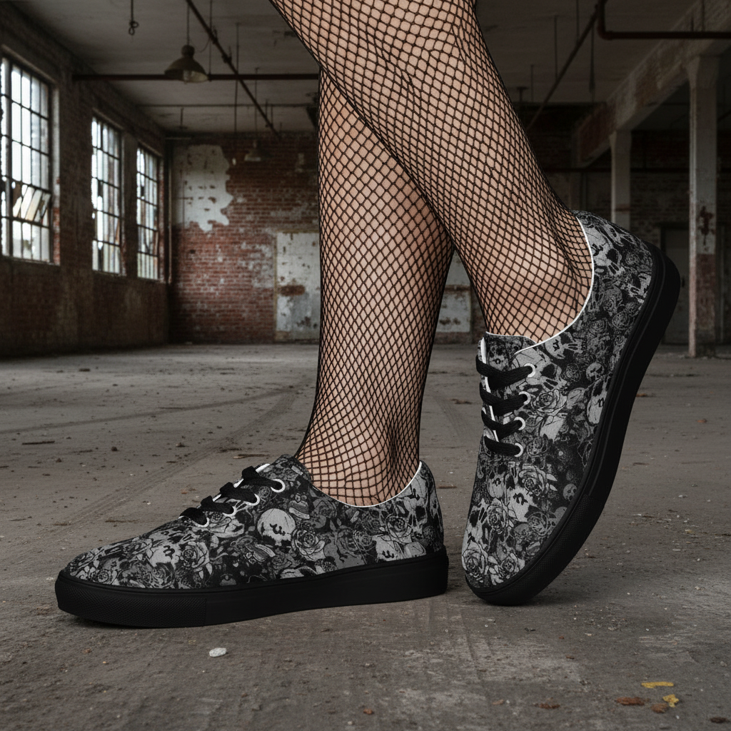 URCHIN 'Skull Storm'. 'Night' (Black). Women’s lace-up Canvas Sneakers. Choice of Sizes. Black or White Detailing.