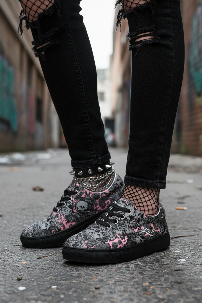 DARK URCHIN 'Skull Storm'. Pink. Women’s lace-up Canvas Sneakers. Black or White Detailing.