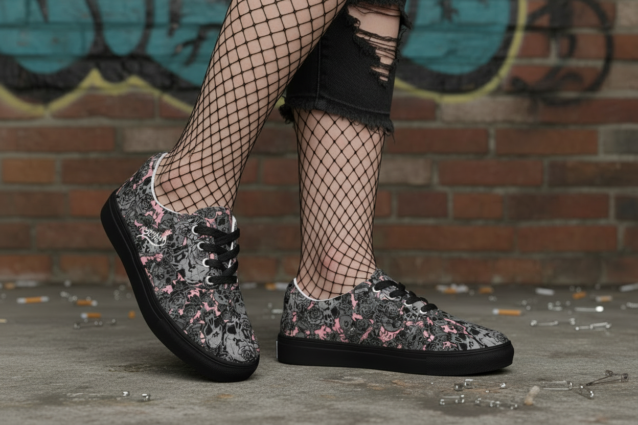 DARK URCHIN 'Skull Storm'. Pink. Women’s lace-up Canvas Sneakers. Black or White Detailing.