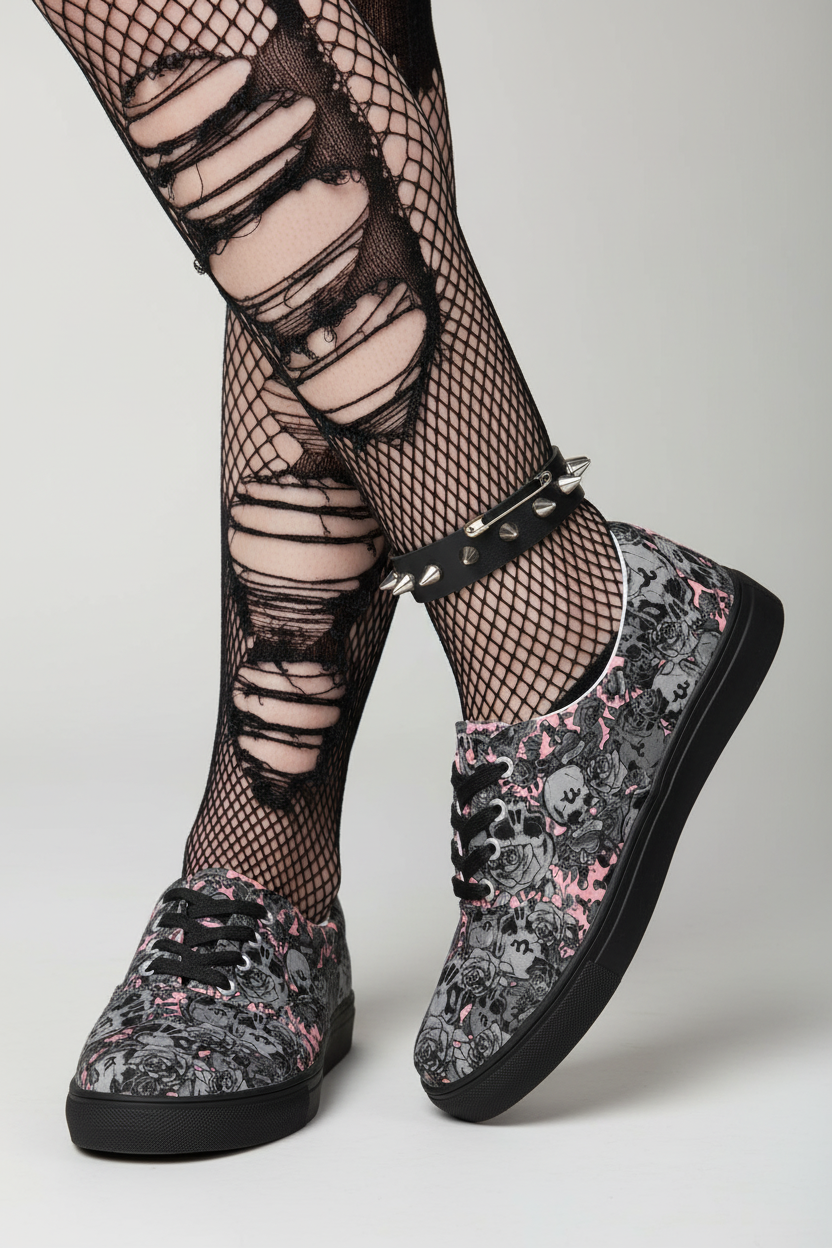 DARK URCHIN 'Skull Storm'. Pink. Women’s lace-up Canvas Sneakers. Black or White Detailing.