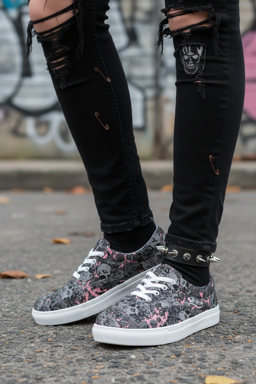 DARK URCHIN 'Skull Storm'. Pink. Women’s lace-up Canvas Sneakers. Black or White Detailing.