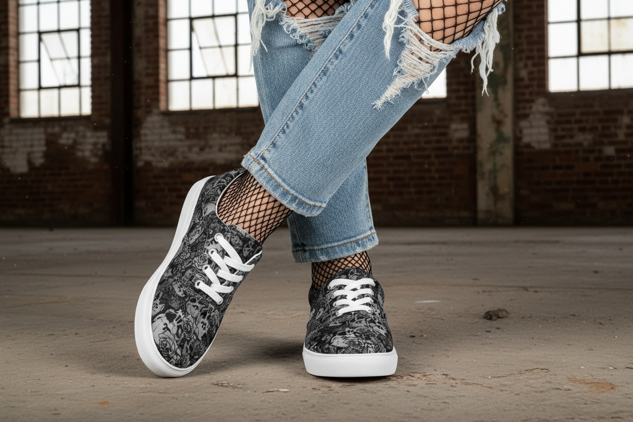 URCHIN 'Skull Storm'. 'Night' (Black). Women’s lace-up Canvas Sneakers. Choice of Sizes. Black or White Detailing.