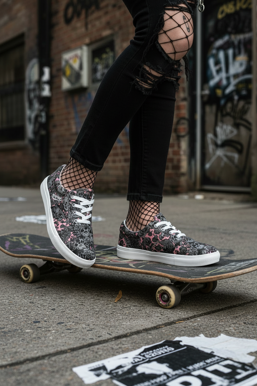 DARK URCHIN 'Skull Storm'. Pink. Women’s lace-up Canvas Sneakers. Black or White Detailing.