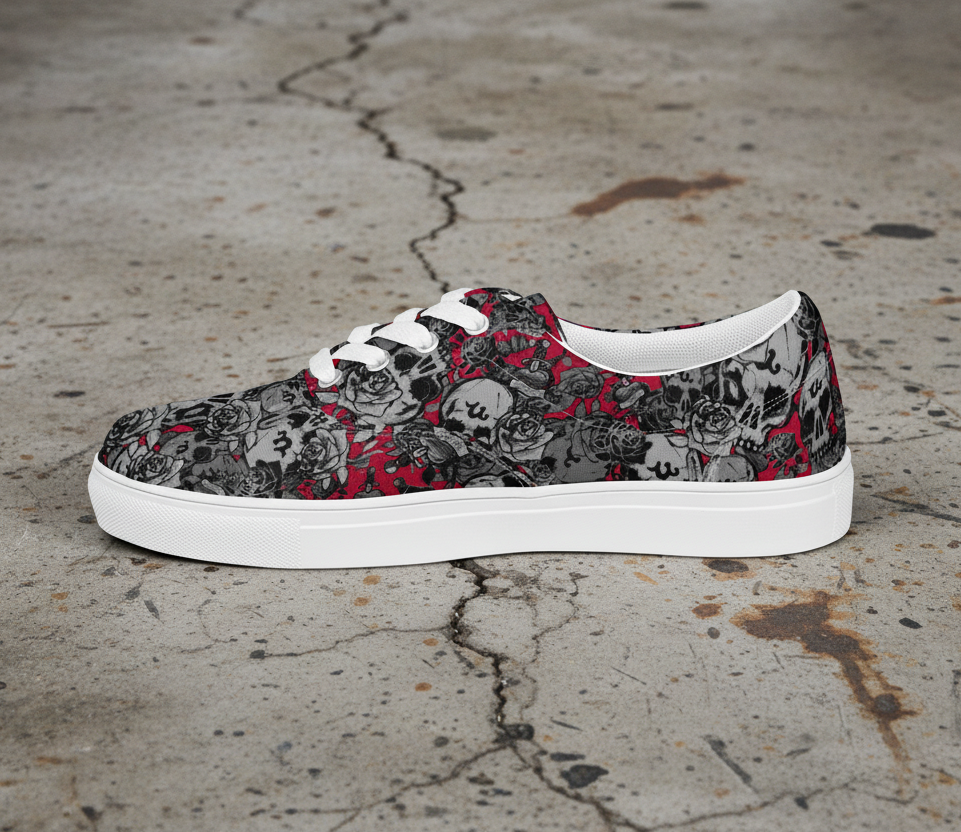 DARK URCHIN 'Skull Storm'. Deep Red. Women’s lace-up Canvas Sneakers. Black or White Detailing.