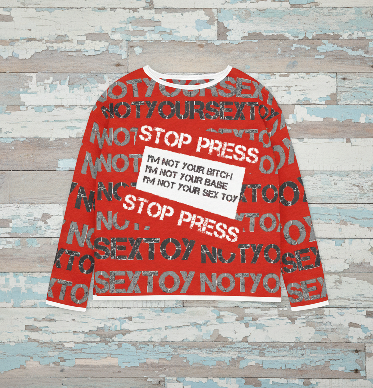 DARK URCHIN 'STOP PRESS NOT YOUR SEX TOY' Grey & Black on Red. Women’s straight bottom knitted sweater. 2XL