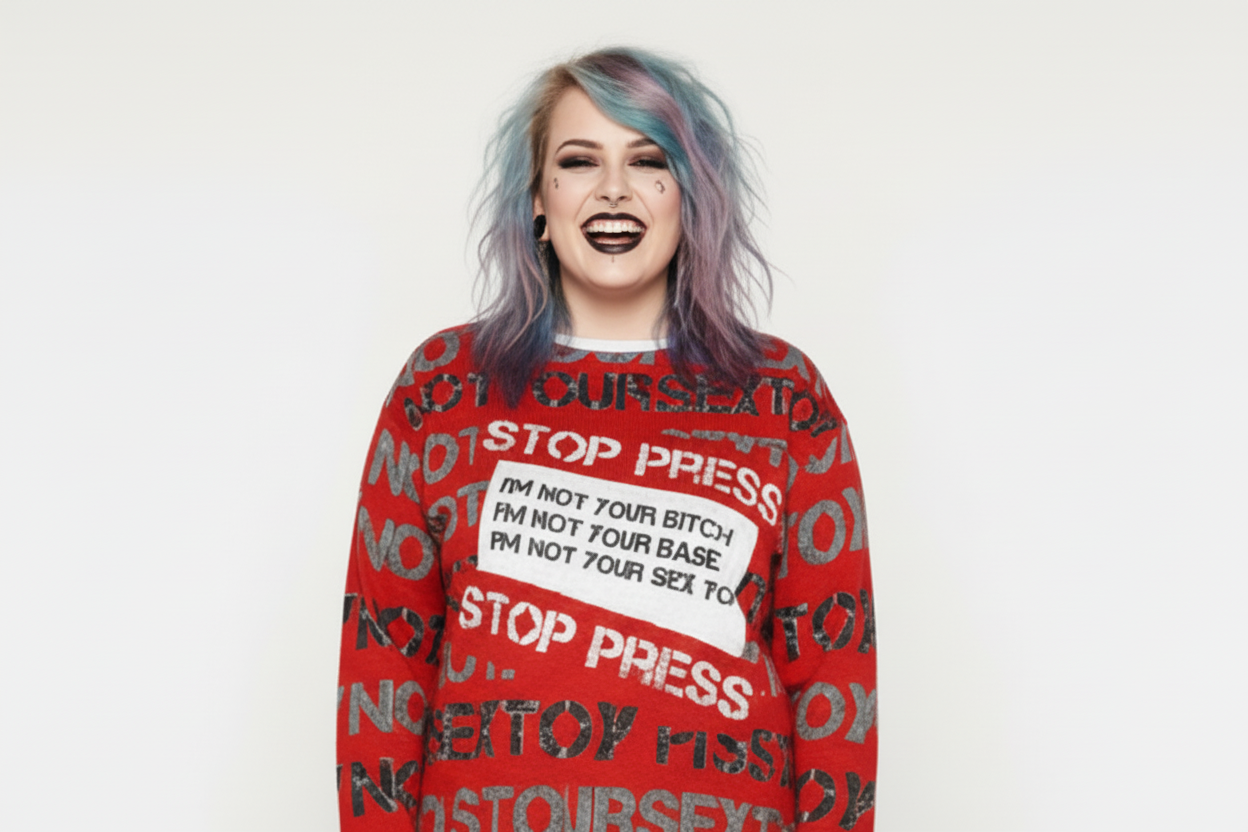 DARK URCHIN 'STOP PRESS NOT YOUR SEX TOY' Grey & Black on Red. Women’s straight bottom knitted sweater. XL