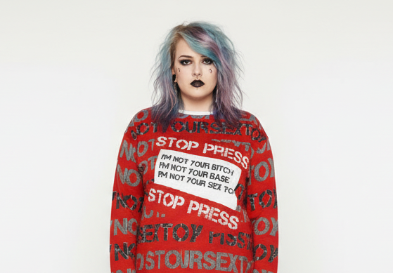 DARK URCHIN 'STOP PRESS NOT YOUR SEX TOY' Grey & Black on Red. Women’s straight bottom knitted sweater. XL