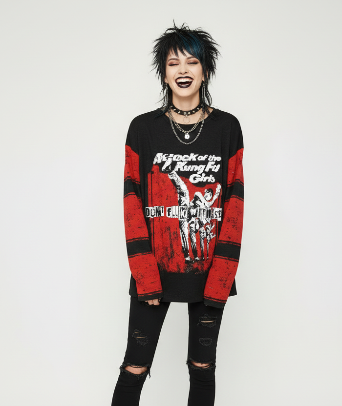 DARK URCHIN 'DONT F..K WITH US - KUNG FU GIRLS' Women’s straight bottom knitted sweater.
