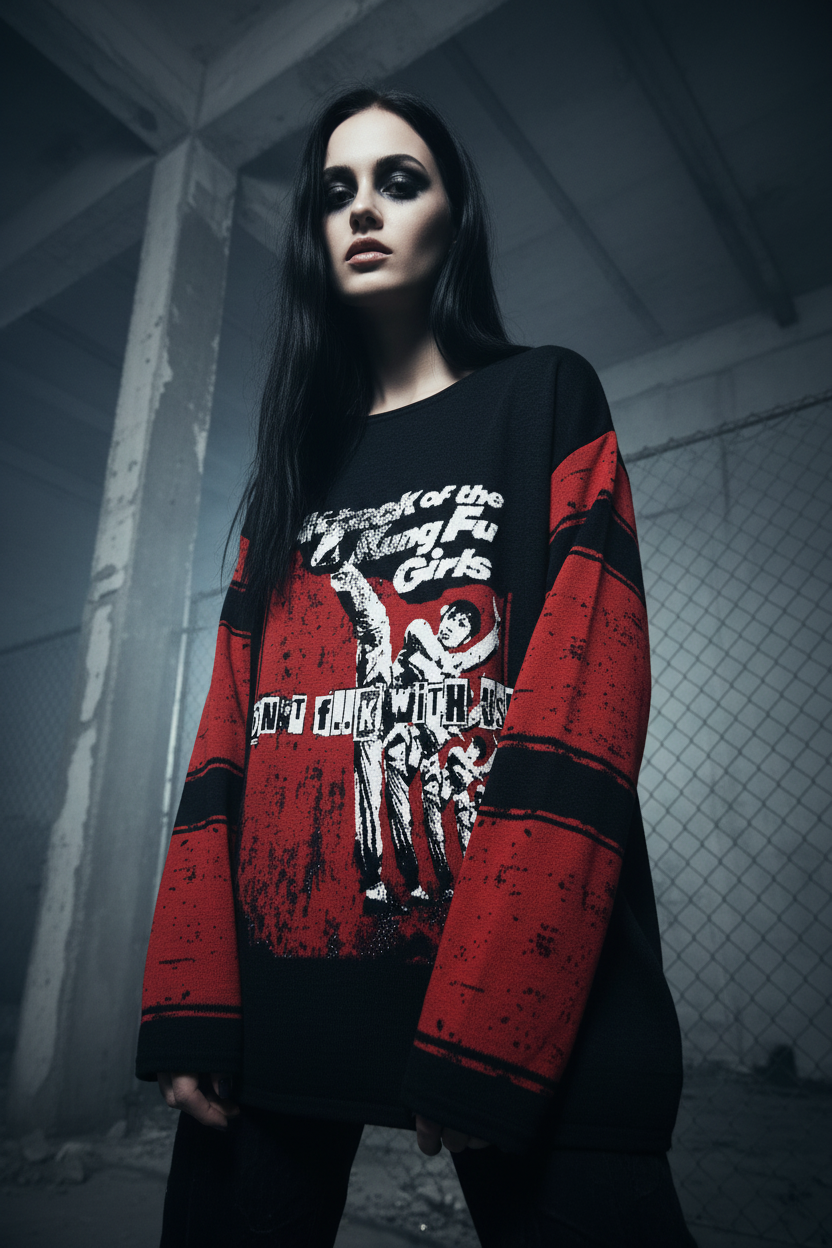 DARK URCHIN 'DONT F..K WITH US - KUNG FU GIRLS' Women’s straight bottom knitted sweater.