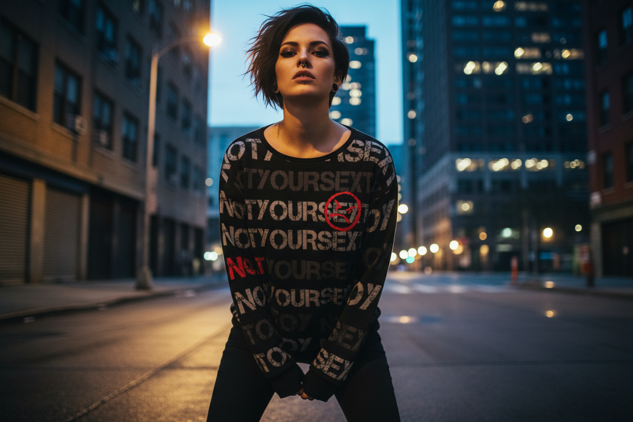DARK URCHIN 'NOT YOUR SEX TOY' Grey & Red on Black. Women’s straight bottom knitted sweater.