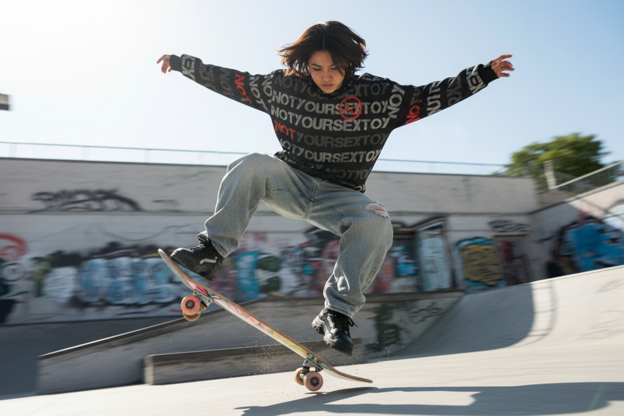 DARK URCHIN 'NOT YOUR SEX TOY' Grey & Red on Black. Women’s straight bottom knitted sweater.