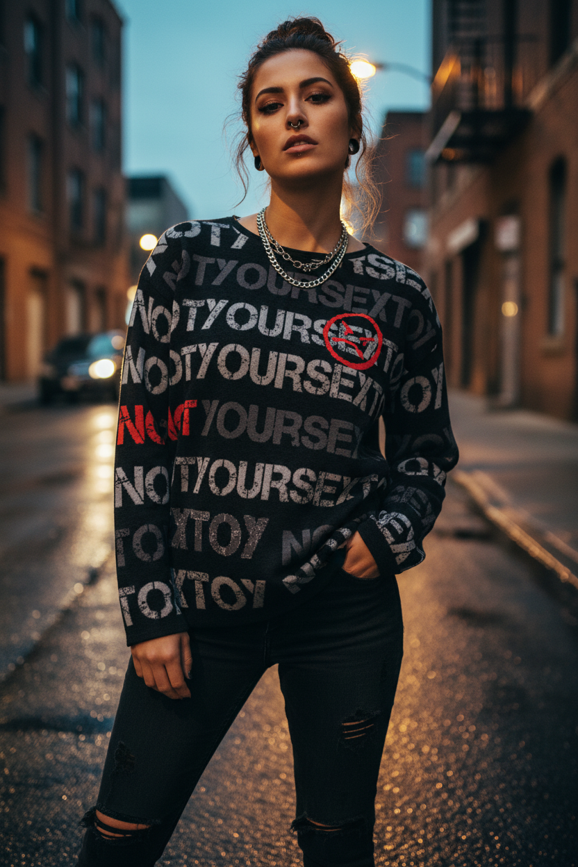 DARK URCHIN 'NOT YOUR SEX TOY' Grey & Red on Black. Women’s straight bottom knitted sweater.