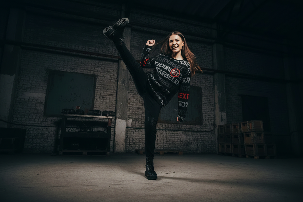 DARK URCHIN 'NOT YOUR SEX TOY' Grey & Red on Black. Women’s straight bottom knitted sweater.