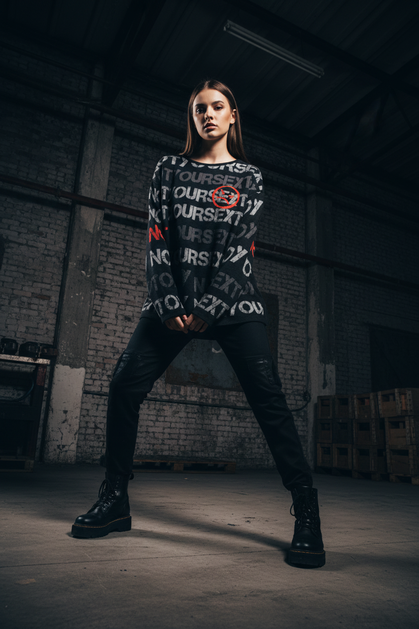 DARK URCHIN 'NOT YOUR SEX TOY' Grey & Red on Black. Women’s straight bottom knitted sweater.