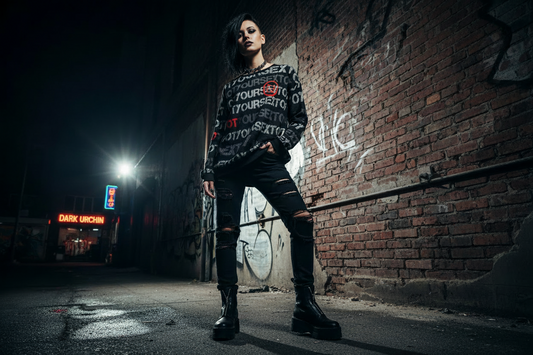 DARK URCHIN 'NOT YOUR SEX TOY' Grey & Red on Black. Women’s straight bottom knitted sweater.