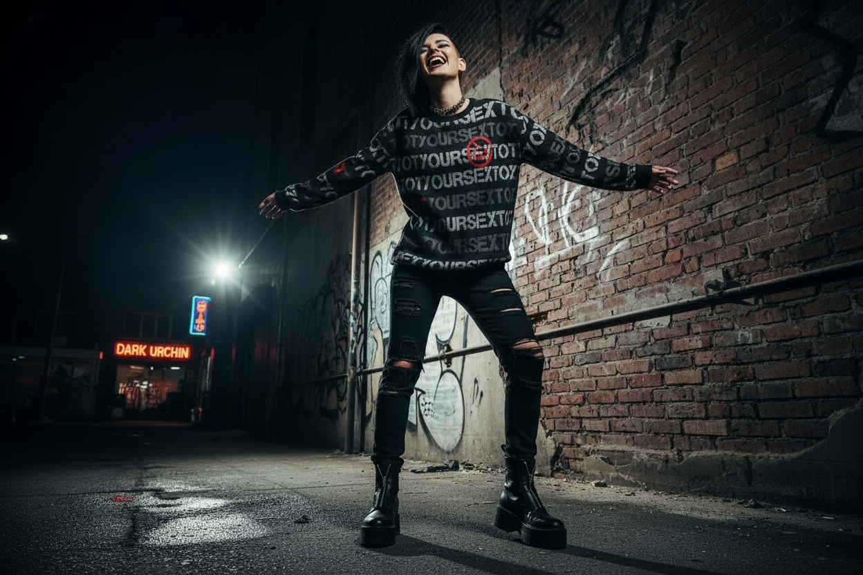 DARK URCHIN 'NOT YOUR SEX TOY' Grey & Red on Black. Women’s straight bottom knitted sweater.