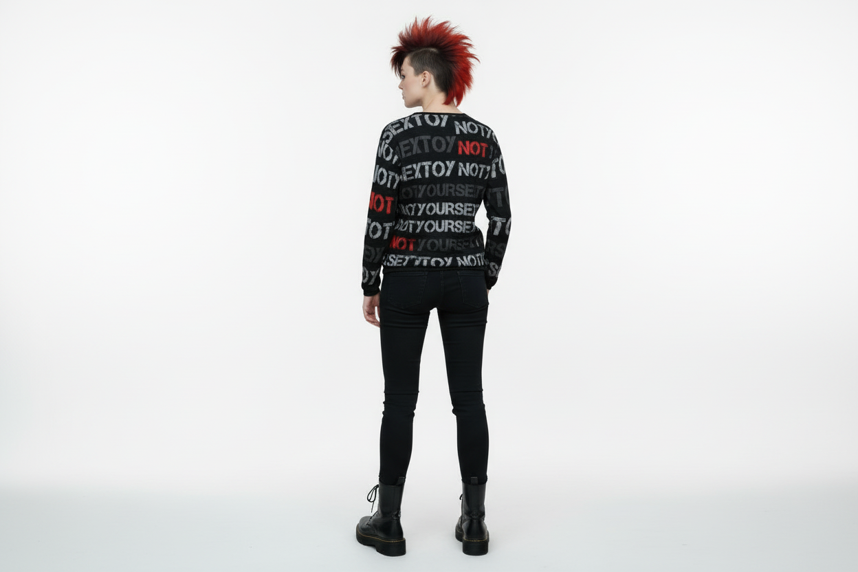 DARK URCHIN 'NOT YOUR SEX TOY' Grey & Red on Black. Women’s straight bottom knitted sweater.