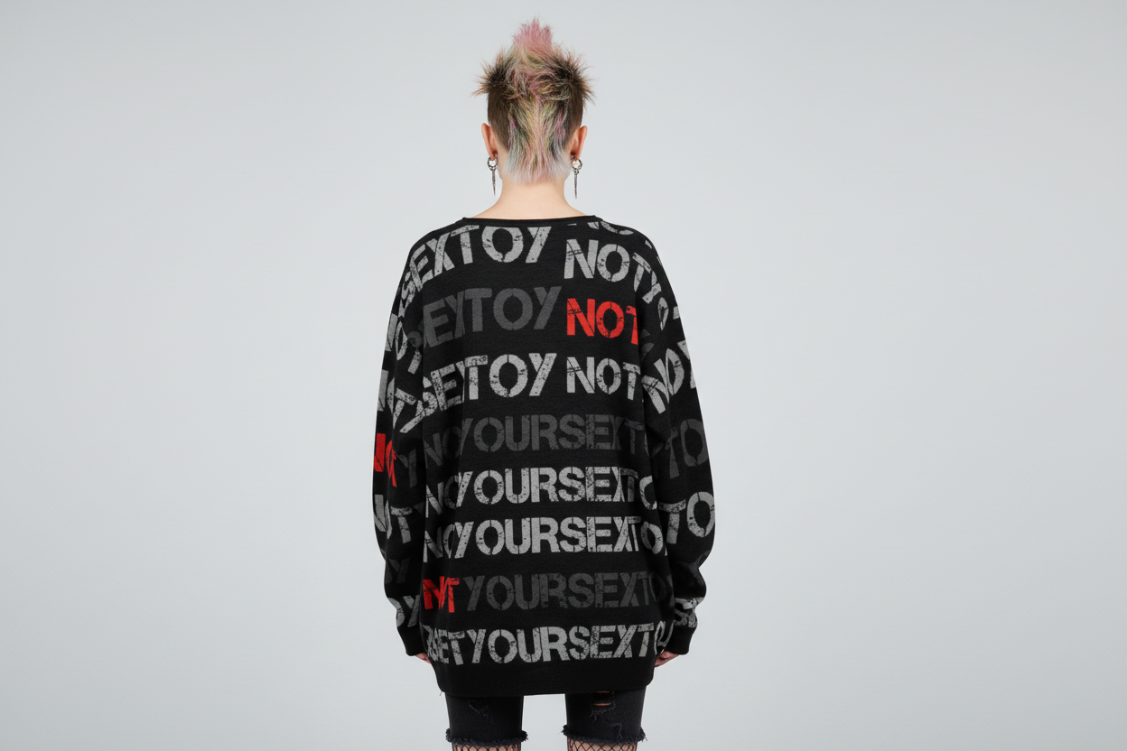 DARK URCHIN 'NOT YOUR SEX TOY' Grey & Red on Black. Women’s straight bottom knitted sweater.