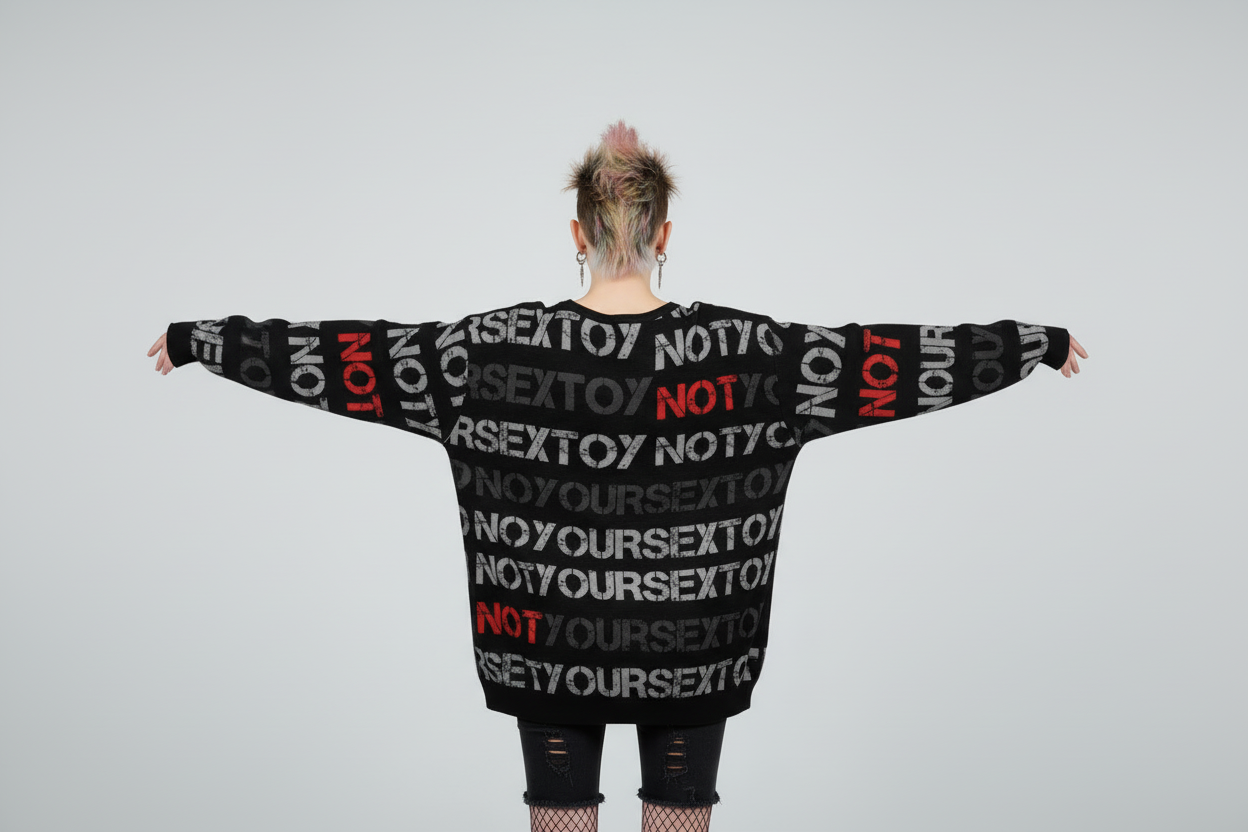 DARK URCHIN 'NOT YOUR SEX TOY' Grey & Red on Black. Women’s straight bottom knitted sweater.