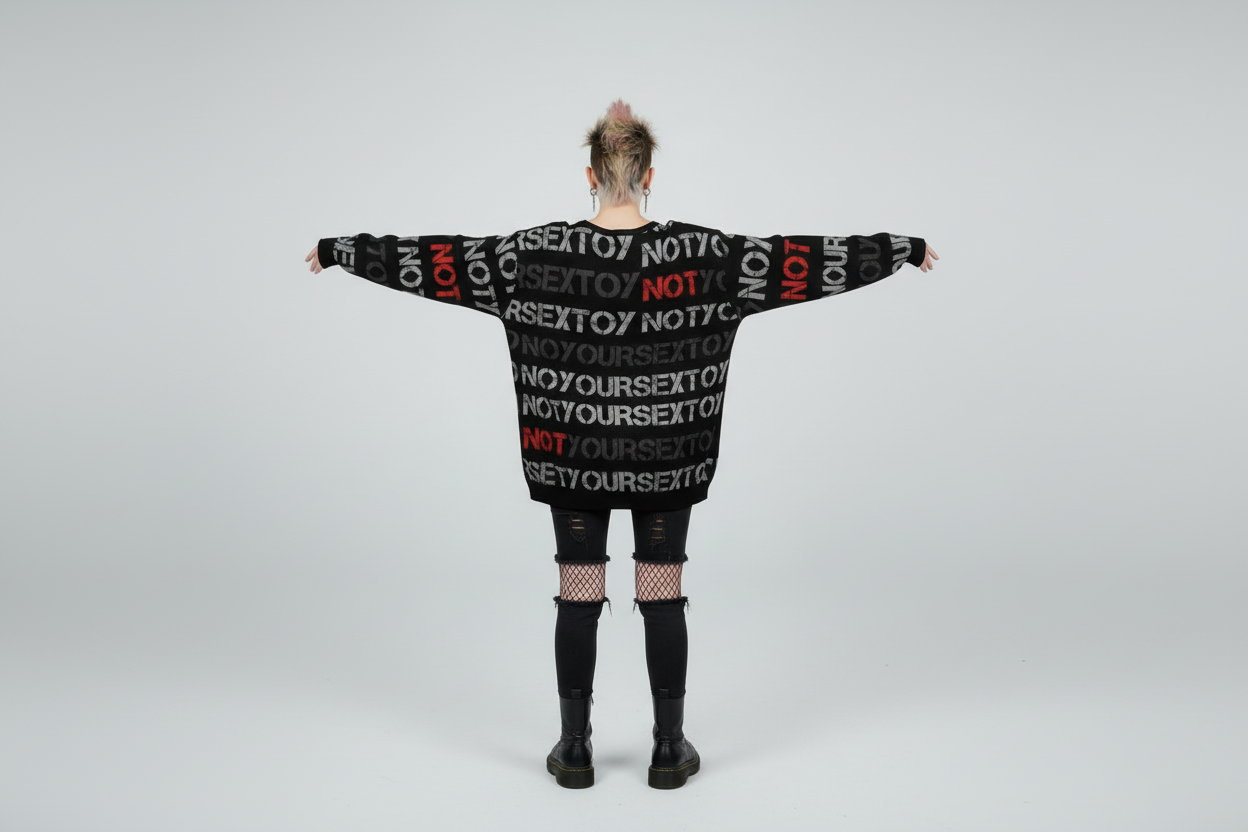 DARK URCHIN 'NOT YOUR SEX TOY' Grey & Red on Black. Women’s straight bottom knitted sweater.
