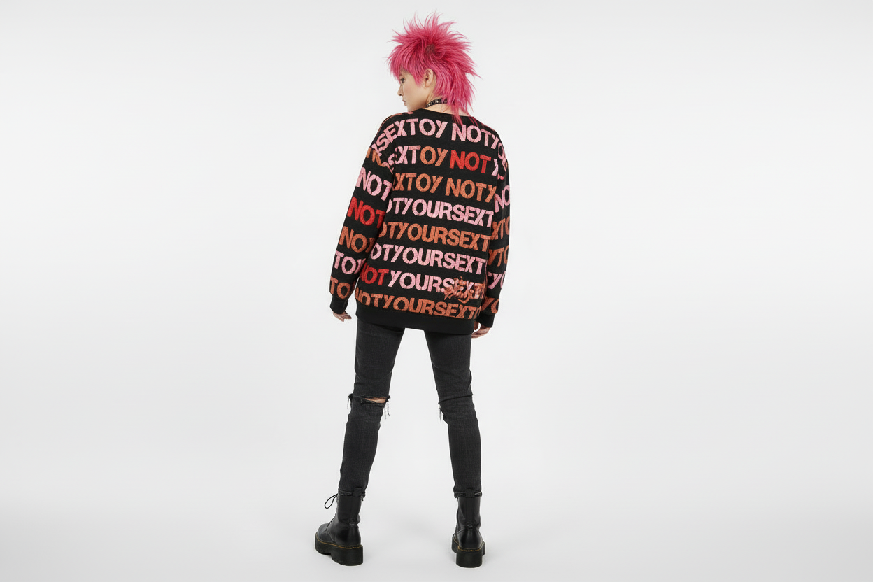 DARK URCHIN 'NOT YOUR SEX TOY' Pink & Red on Black. Women’s straight bottom knitted sweater. XL