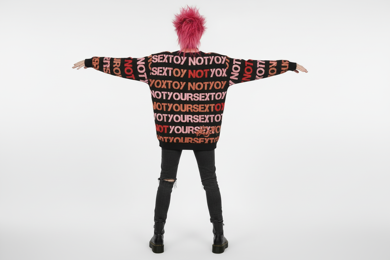 DARK URCHIN 'NOT YOUR SEX TOY' Pink & Red on Black. Women’s straight bottom knitted sweater. XL
