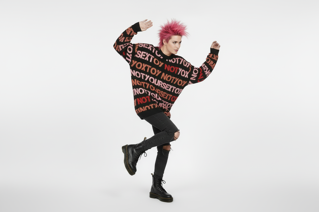 DARK URCHIN 'NOT YOUR SEX TOY' Pink & Red on Black. Women’s straight bottom knitted sweater. XL