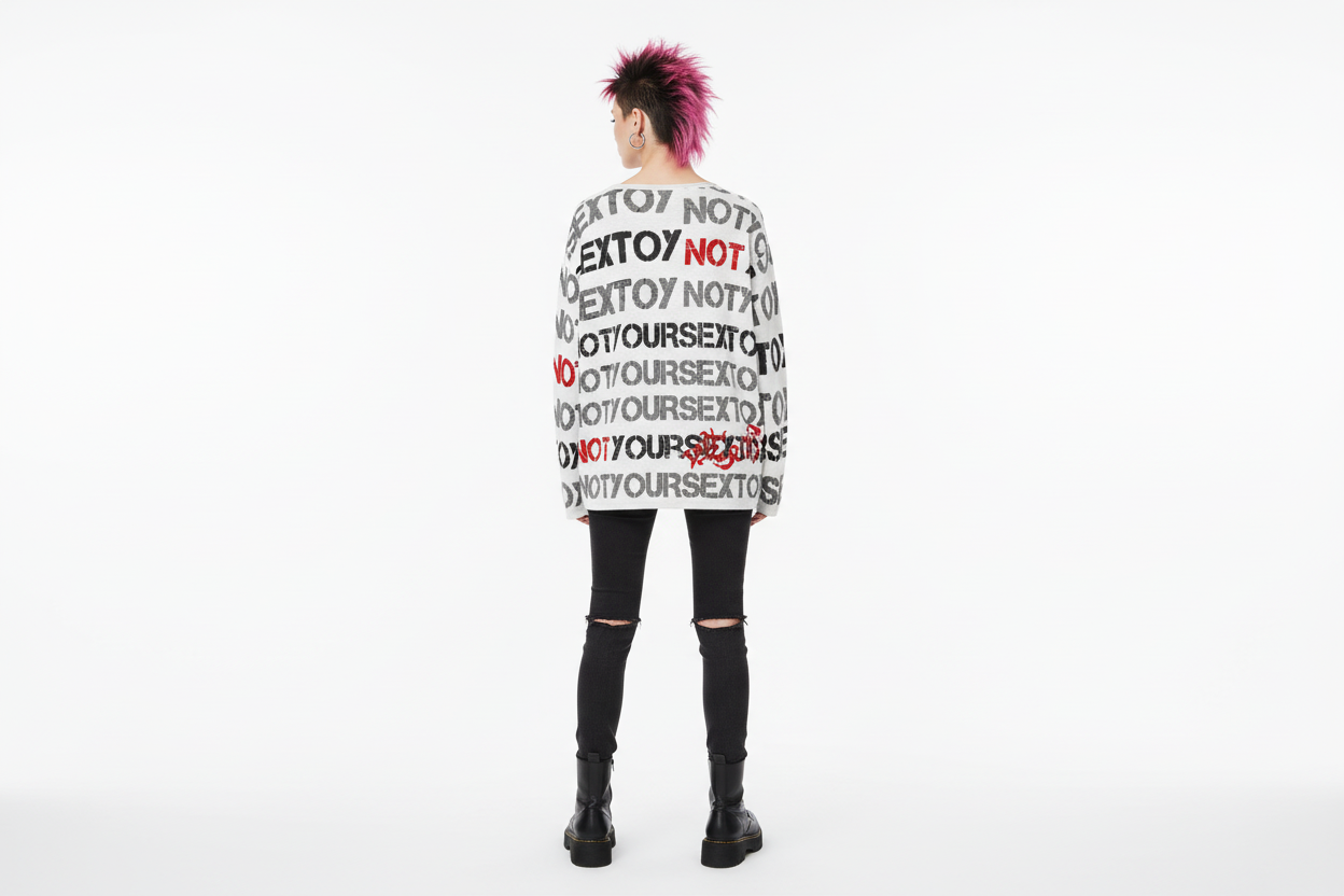 DARK URCHIN 'NOT YOUR SEX TOY' Grey & Red on White. Women’s straight bottom knitted sweater. XL