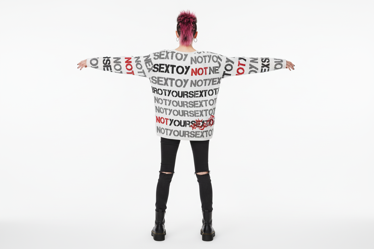 DARK URCHIN 'NOT YOUR SEX TOY' Grey & Red on White. Women’s straight bottom knitted sweater. XL