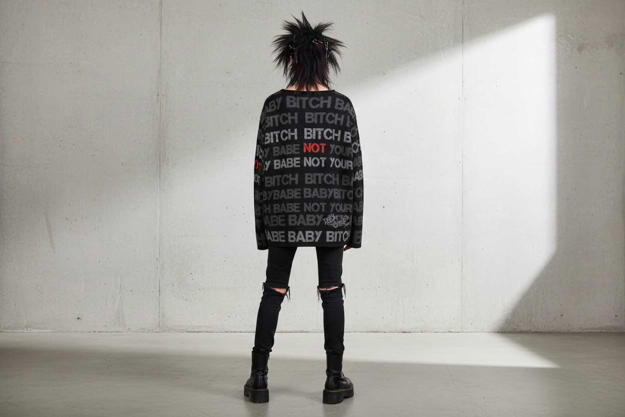 DARK URCHIN 'NOT YOUR B**CH' Grey & Red on Black. Women’s straight bottom knitted sweater. XL