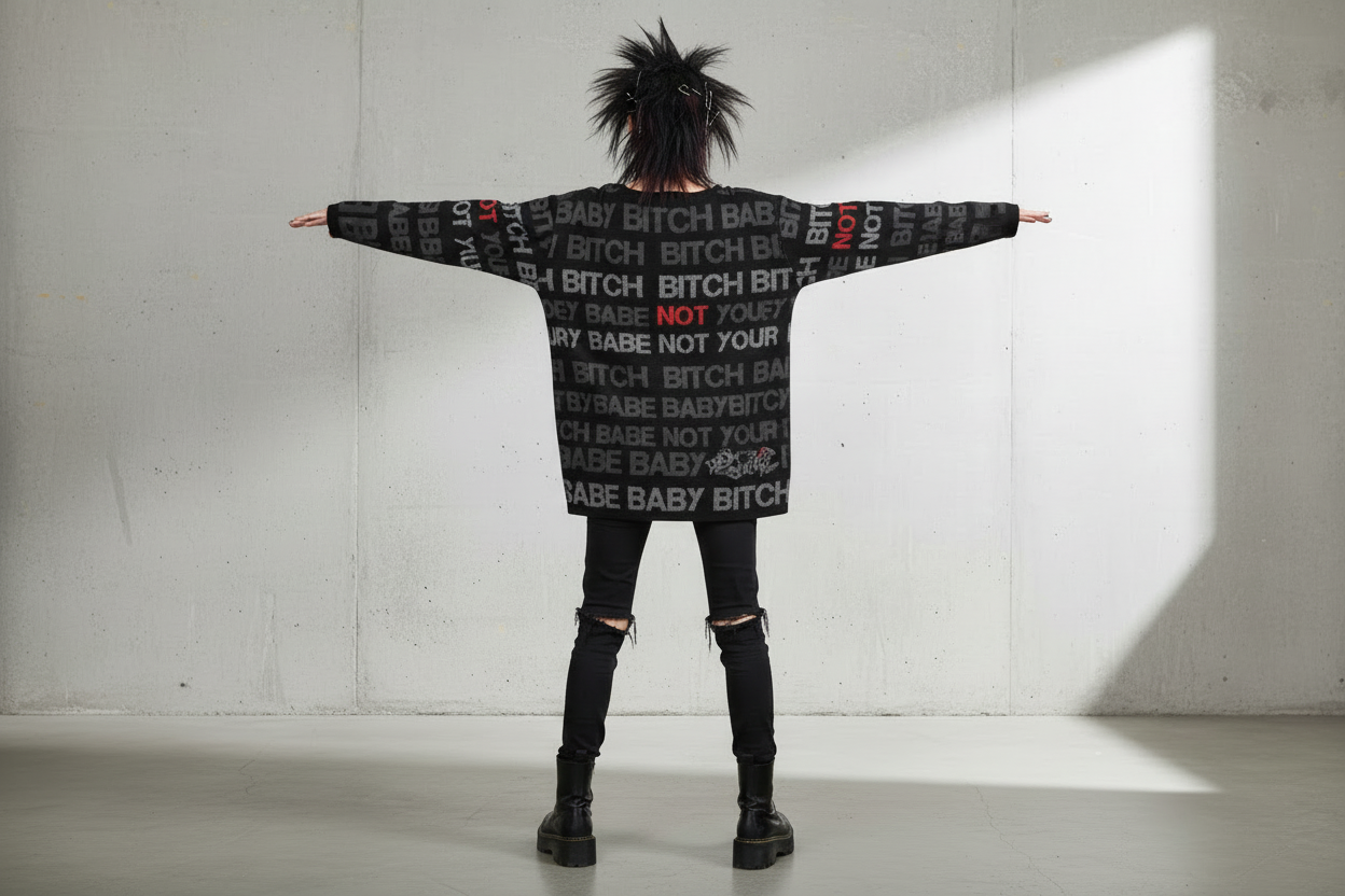 DARK URCHIN 'NOT YOUR B**CH' Grey & Red on Black. Women’s straight bottom knitted sweater. XL
